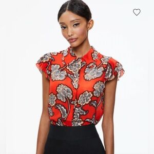 Alice + Olivia Martel Flutter-Sleeve Button-Front Blouse